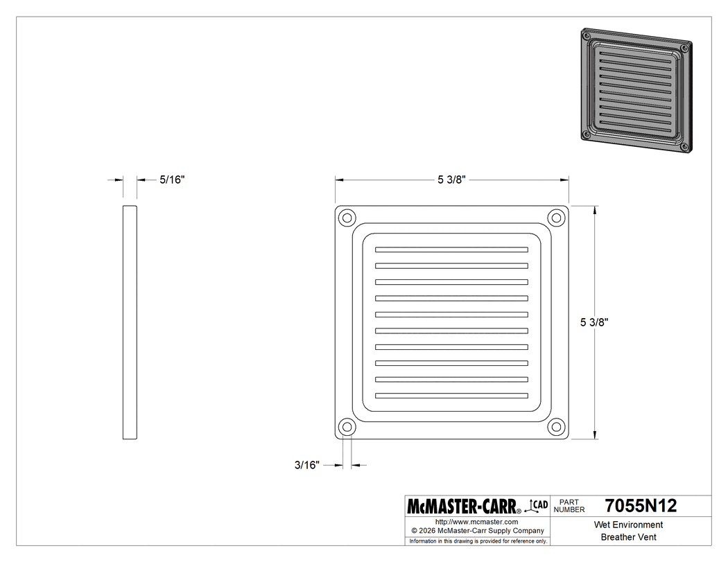 Technical Drawing of Wet Environment Breather Vent, White, 5-3/8" Long x 5-3/8" Wide x 5/16" Overall.